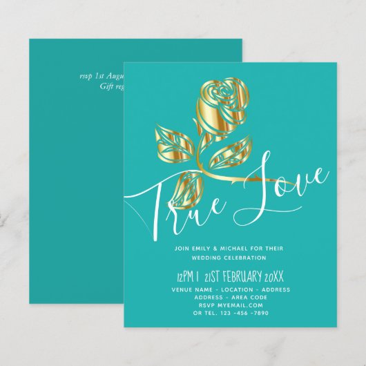 バジェット トレンディング トゥルー ラブ ゴールド ローズ ウェディング 招待 (正面/裏面)