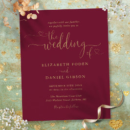 バジェット バーガンディ ゴールド ハーツ スクリプト ウェディング インビテ