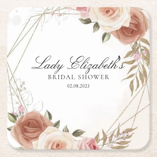 バジェット パープル フラワーズ ブリッジトン ブライダルシャワー スクエアペーパーコースター (正面)