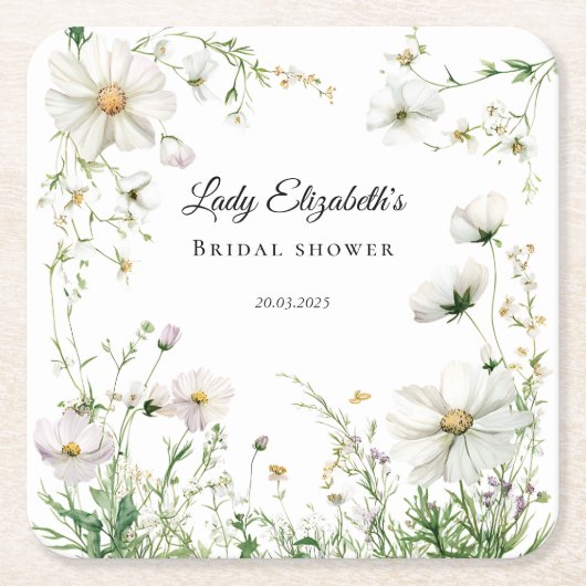 バジェット パープル フラワーズ ブリッジトン ブライダル シャワー スクエアペーパーコースター (正面)