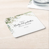 バジェット パープル フラワーズ ブリッジトン ブライダル シャワー スクエアペーパーコースター (アングル)