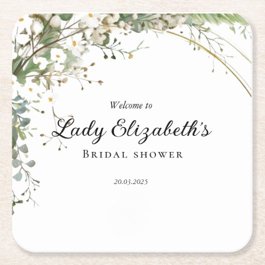 バジェット パープル フラワーズ ブリッジトン ブライダル シャワー スクエアペーパーコースター (正面)