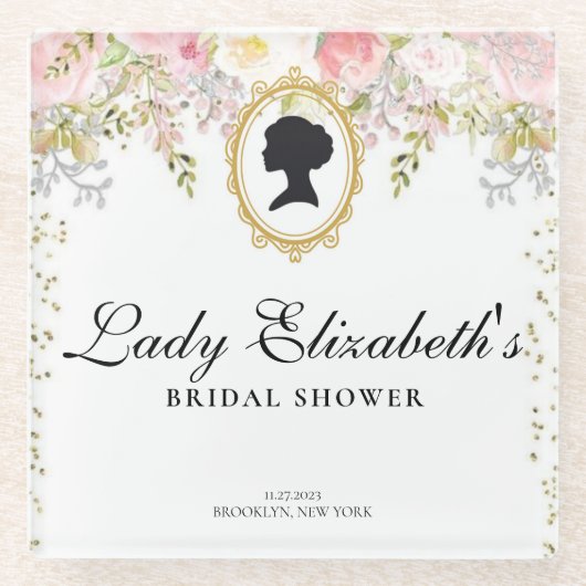 バジェット ピンク フラワーズ ブリジャートン ブライダルシャワー ガラスコースター (正面)