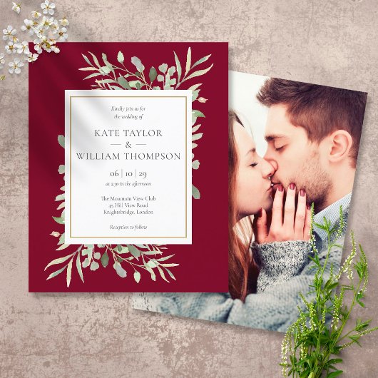 バジェット・ブルゴーニュ結婚・グリーンの写真招待状