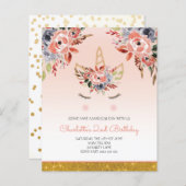 バジェット、ユニコーンウォーター花模様ガール招待状 (正面/裏面)