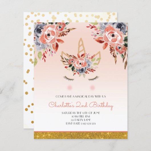 バジェット、ユニコーンウォーター花模様ガール招待状 (正面/裏面)