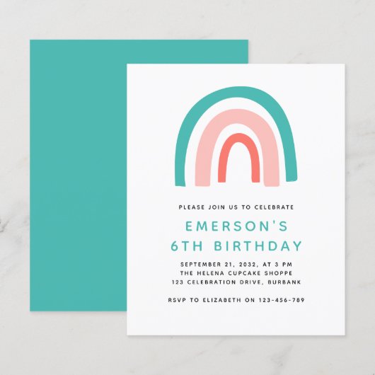 バジェット・レインボー・キッドの誕生日パーティーへの招待 (正面/裏面)