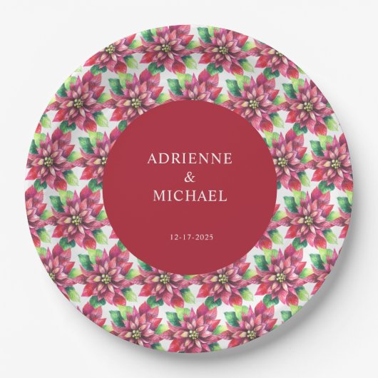 バジェット・レッド・ポインセチア結婚・クリスマス ペーパープレート (正面)