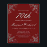 バジェット ヴィンテージ バーガンディ シルバー バースデー インビテーション<br><div class="desc">エレガントなヴィンテージスタイルの誕生日パーティーの招待状で、バーガンディレッドの背景に、銀灰色のスクリプトとセリフフォントでテキストが特徴です。装飾的な銀灰色のモチーフが4つの角に施され、裏面にも角のモチーフが繰り返しデザインされている。</div>