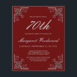 バジェット ヴィンテージ バーガンディ シルバー バースデー インビテーション<br><div class="desc">エレガントなヴィンテージスタイルの誕生日パーティーの招待状で、バーガンディレッドの背景に、銀灰色のスクリプトとセリフフォントでテキストが特徴です。装飾的な銀灰色のモチーフが4つの角に施され、裏面にも角のモチーフが繰り返しデザインされている。</div>