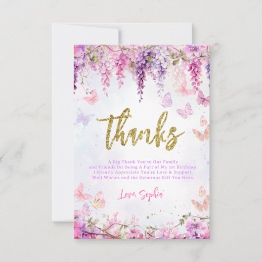 バジェット 乙女のワステリア ゴールド バタフライ キッズ バースデー サンキューカード (正面)