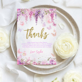 バジェット 乙女チックな藤の花 ゴールドの蝶の子供の誕生日 サンキューカード