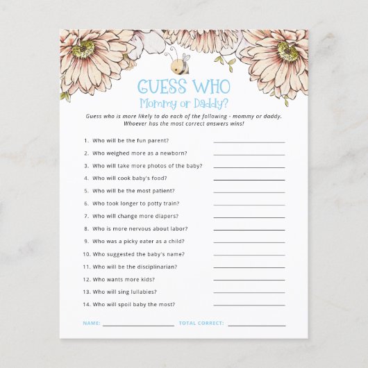 バジェットBee推測だれお母さんパパブルーベビーシャワーゲーム (正面)