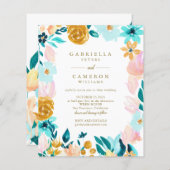 バジェットBohoティール（緑がかった色）水彩フローラ結婚式の招待 (正面/裏面)