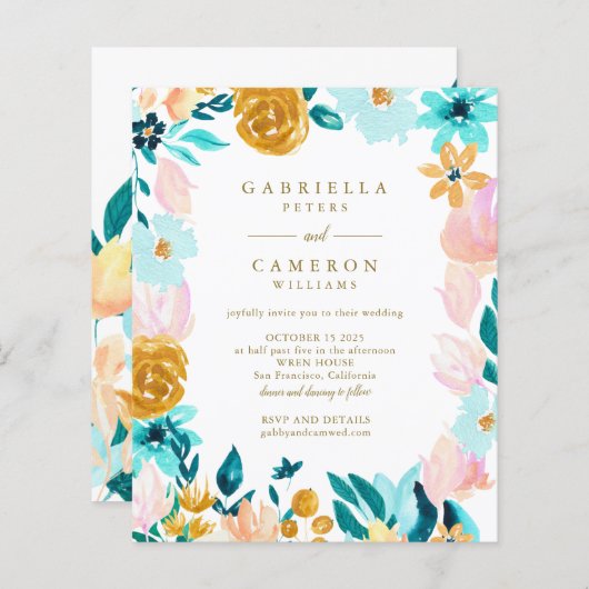 バジェットBohoティール(緑がかった色)水彩フローラ結婚式の招待 (正面/裏面)