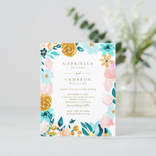 バジェットBohoティール(緑がかった色)水彩フローラ結婚式の招待 (スタンド正面)