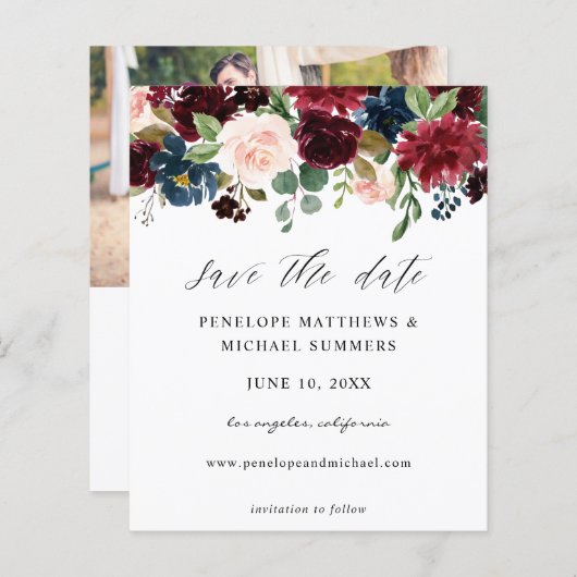 バジェットBurgundy & Pinkフローラ日付写真を保存 (正面/裏面)