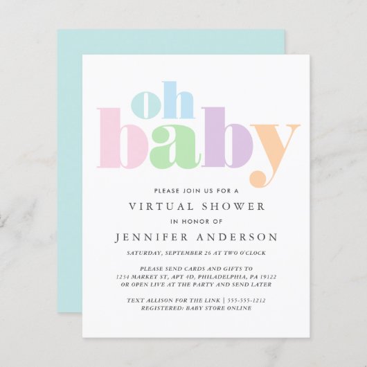 バジェットOhベビーバーチャル赤ちゃんシャワー招待状 (正面/裏面)