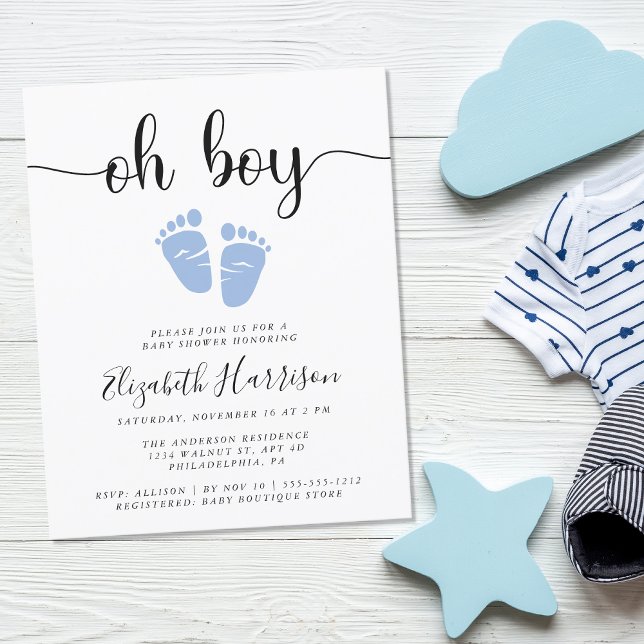 バジェットOhボーイブルーベビーシャワー招待状 (Embrace the adventure and celebrate the arrival of your little baby boy!)