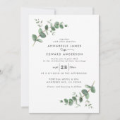 バジェットQRコードネイビー青シンプル色ユーカリ葉 招待状 (正面)