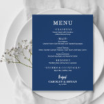 バジシンプルュエレガントーネイビー結婚ブルー<br><div class="desc">シックな白い手頃レタリングであなたの食べ物の選択と小さな価値の紙ネイビーブルーディナーメニューカードは、結婚式のレセプションモダン、リハーサルのディナー結婚、記念日パーティー、または座り込みディナーと特別なイベントに最適である。*重量紙110ポンドに印刷された4.5インチx 5.6インチ（または他の2種類のサイズから選択）封筒は追加料金で取り扱う。ライブデザインサービスは救済、デザインレイアウトを使用して、必要な色を調整もしできます。</div>