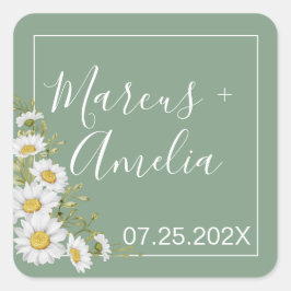 バジルかわいらしグリーン&ホワイトデイジーズ結婚 スクエアシール