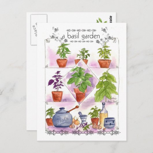 バジルガーデンウォーターカラーハーブアートペストニンニク ポストカード (正面/裏面)