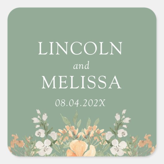 バジル、ピーチ、ホワイトフローラ結婚ズ スクエアシール (正面)