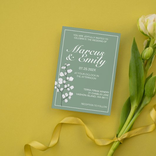 バジル&ホワイトフローラトレンディー結婚式招待状 招待状