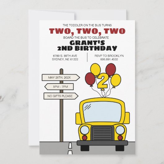 バスに乗ったトドラーが2歳の誕生日を迎える 2歳の誕生日 招待状 (正面)