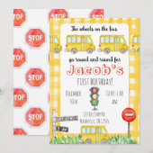 バスのタイヤの黄色の子供の誕生日招待状 招待状 (正面/裏面)