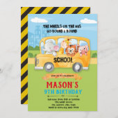 バスの招待で動物の車輪 サンキューカード (正面/裏面)