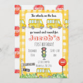 バスの黄色い子供の誕生日招待の車輪 招待状 (正面/裏面)