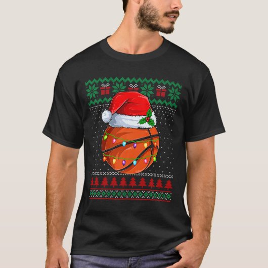 バスケおもしろいットクリスマス醜いセーターサンタハット Tシャツ (正面)