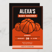 バスケのアイコニックな黒オレンジ色の赤ちゃんシャワー 招待状 (正面/裏面)