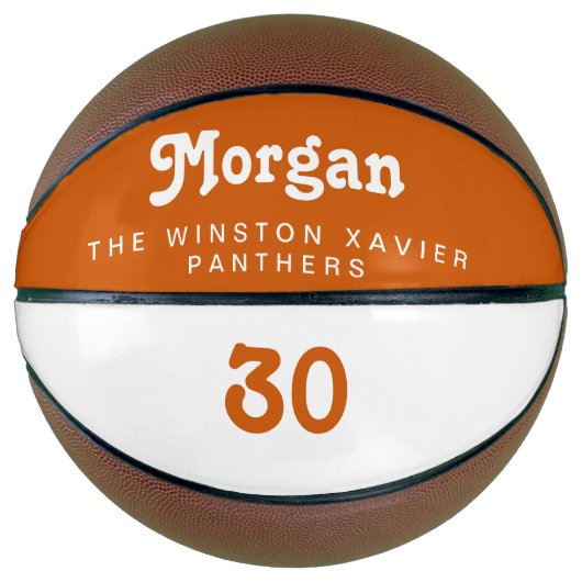 バスケッカスタムトボールチーム名番号オレンジ白 バスケットボール (正面)