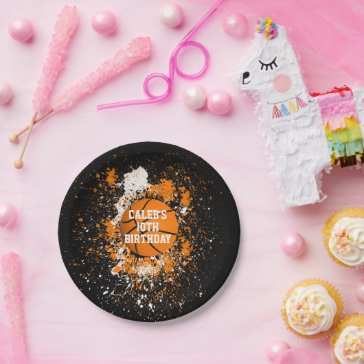 バスケッグランジプ絵を描（ばちゃばちゃ）跳ねるオレンジブラック ペーパープレート (パーティー)