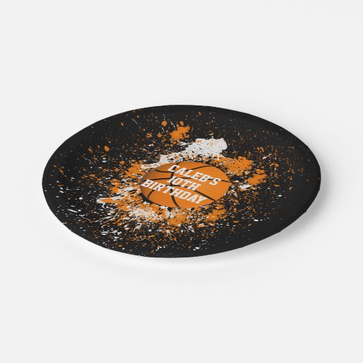 バスケッグランジプ絵を描（ばちゃばちゃ）跳ねるオレンジブラック ペーパープレート (アングル)