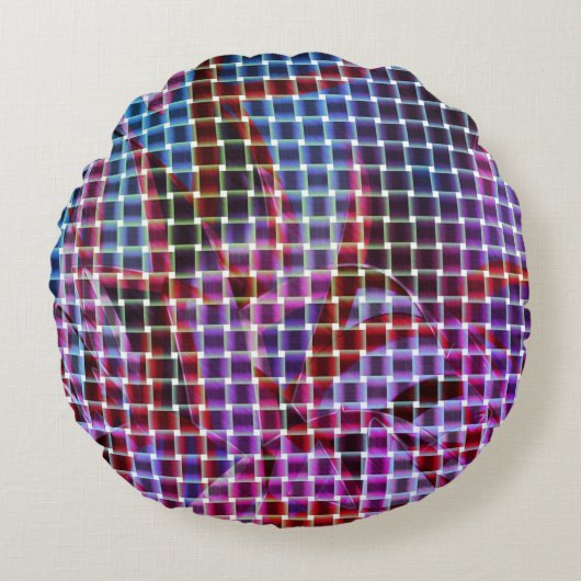 バスケッスタイルダークピンク、ブルー、薄紫のトーン ラウンドクッション (正面)