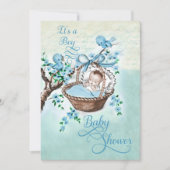 バスケットおよび鳥の男の子のベビーシャワーのヴィンテージのベビー 招待状 (正面)