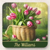 バスケットにピンクのチューリップ コースター (正面)