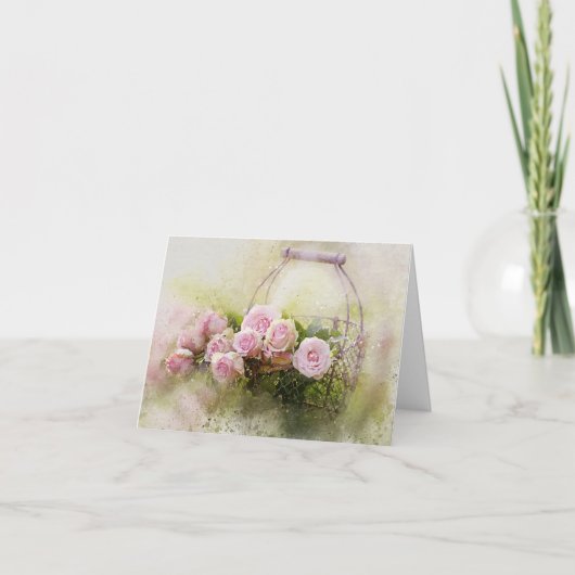 バスケットにピンクのバラのサンキューカード サンキューカード (正面)