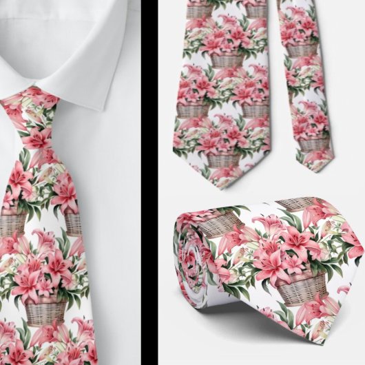 バスケットにピンクのユリ ネクタイ