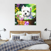 バスケットに入ったかわいいウェスティホワイトテリアの子犬5 キャンバスプリント (インサイチュ (寝室))