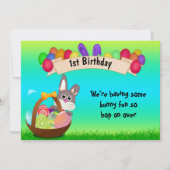 バスケットに入ったかわいいウサギのイースター1歳の誕生日 招待状 (正面)