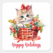 バスケットに入ったかわいいクリスマスの子猫 スクエアシール (正面)
