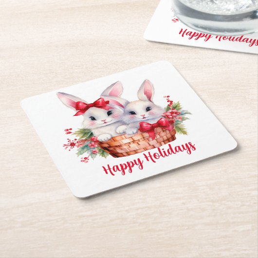 バスケットに入ったかわいいクリスマスバニー スクエアペーパーコースター (アングル)