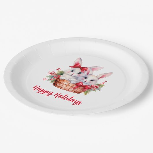 バスケットに入ったかわいいクリスマスバニー ペーパープレート (アングル)