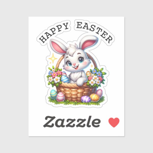 バスケットに入ったかわいいマンガのイースターバニーパーソナライズされた シール (シート)