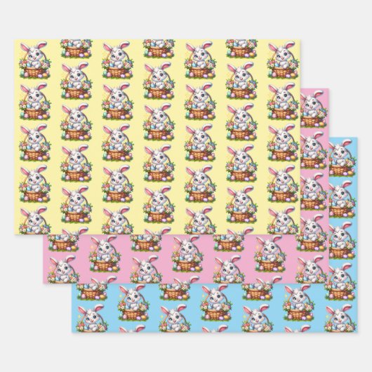 バスケットに入ったかわいいマンガの復活祭バニー ラッピングペーパーシート (セット)